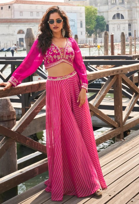 Designer Hot Pink Pure Viscose Palazzo Suit for Bridesmaids with Embroidered Blouse