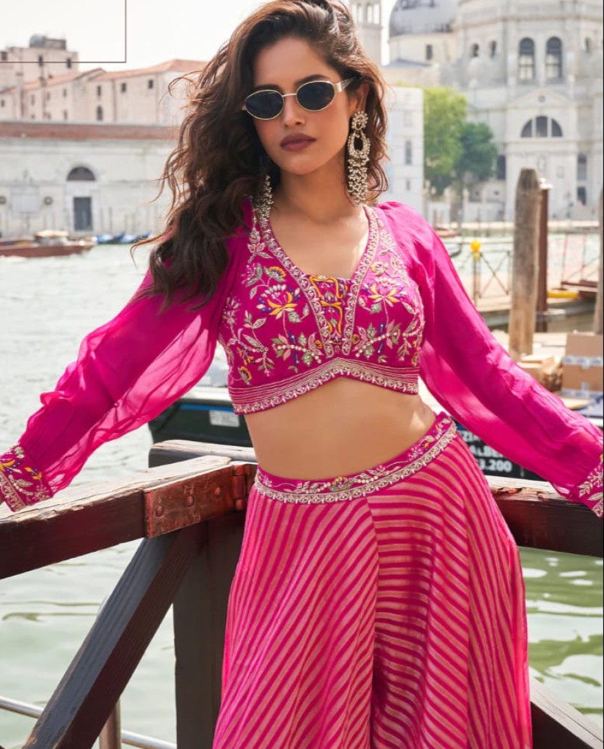 5861 - Designer Hot Pink Pure Viscose Palazzo Suit for Bridesmaids with Embroidered Blouse