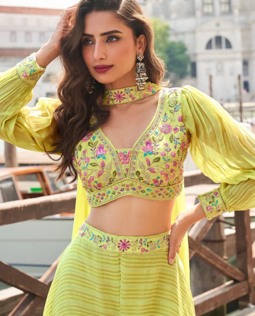 5862 - Lime Yellow Bridesmaid Palazzo Suit in Pure Viscose with Embroidery