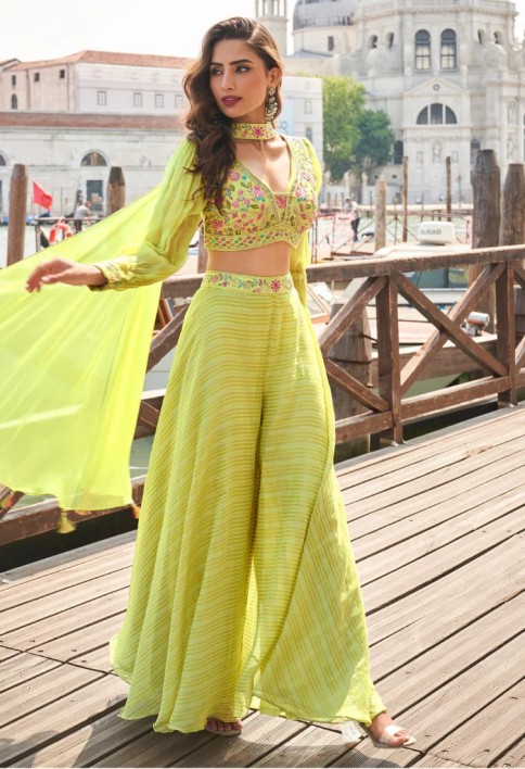 Lime Yellow Bridesmaid Palazzo Suit in Pure Viscose with Embroidery