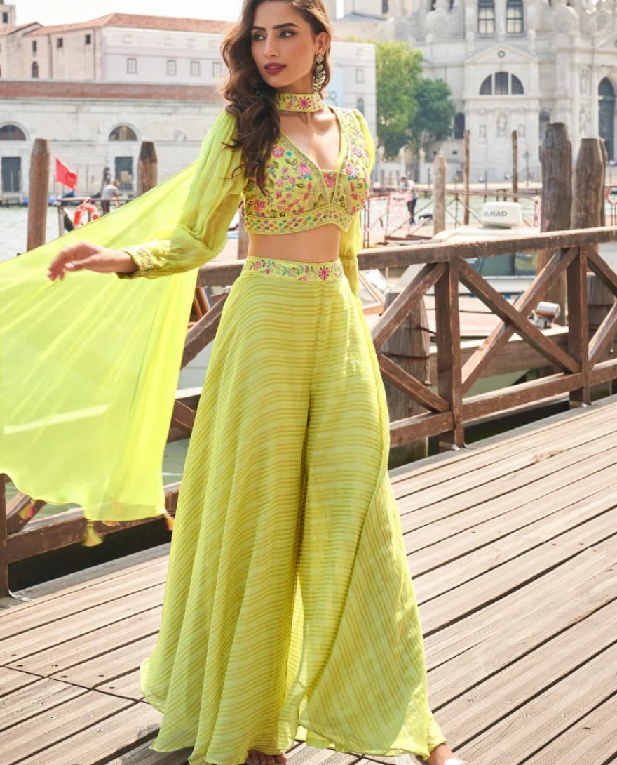 5862 - Lime Yellow Bridesmaid Palazzo Suit in Pure Viscose with Embroidery