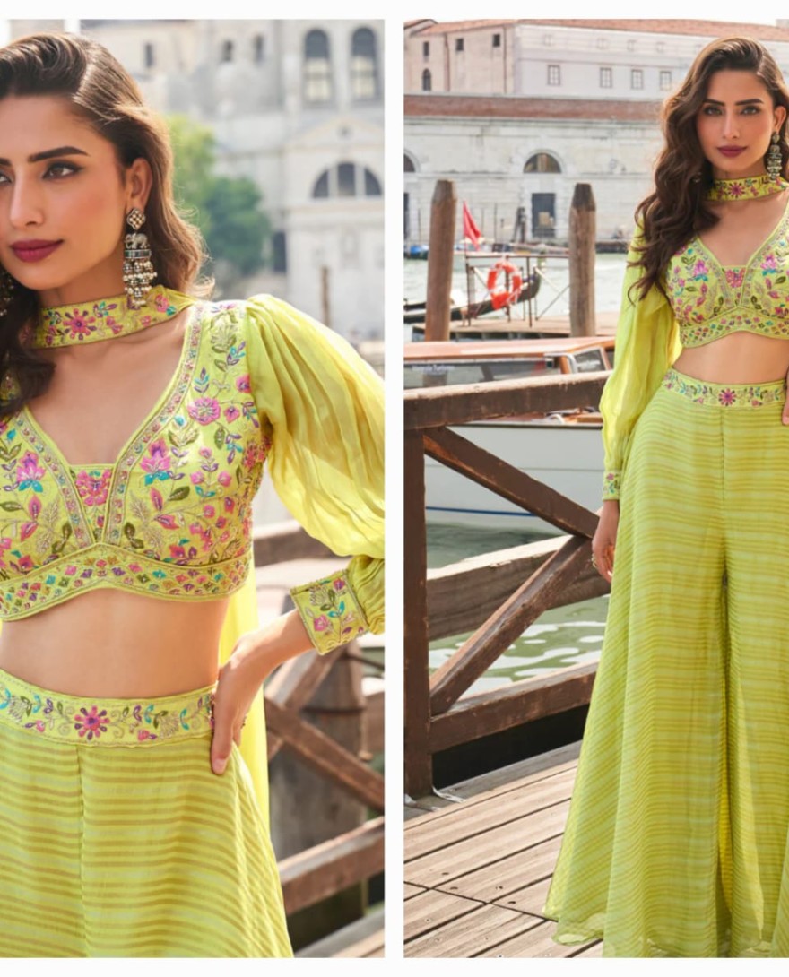 5862 - Lime Yellow Bridesmaid Palazzo Suit in Pure Viscose with Embroidery