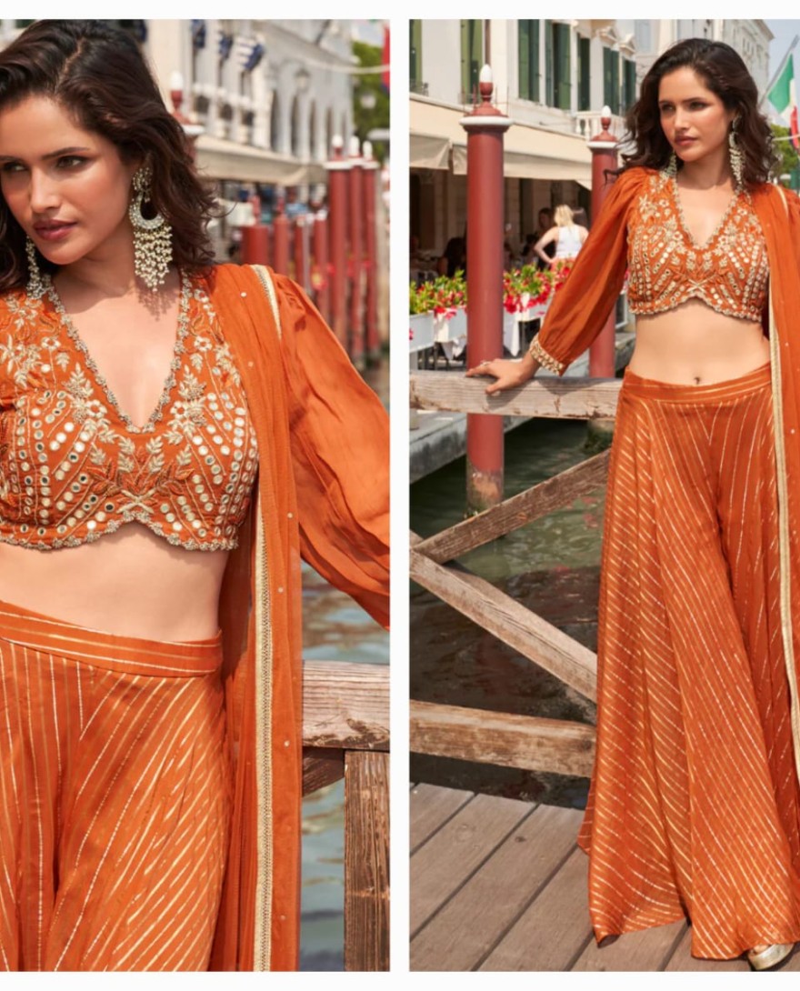 5863 - Designer Rust Orange Palazzo Suit Set with Cape – Bridesmaid Outfit