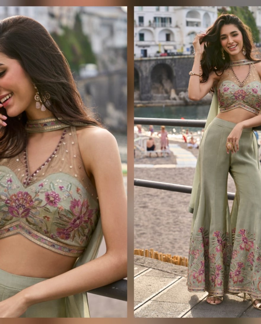GREEN - Beads, Embroidered and Sequins Work Chinon Salwar Suit In Green Colour