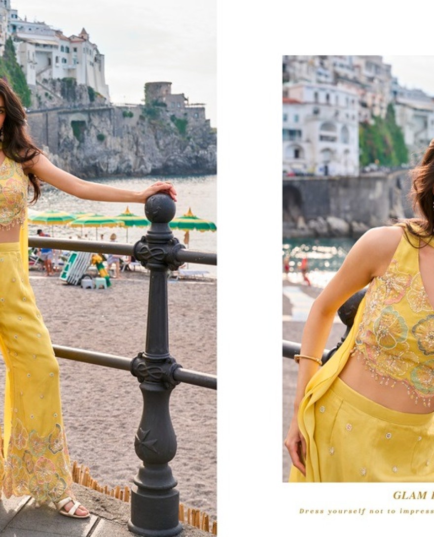 YELLOW - Beads, Embroidered and Sequins Work Chinon Palazzo Salwar Suit In Yellow Colour