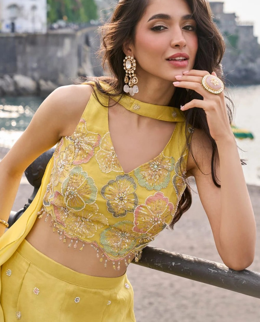 YELLOW - Beads, Embroidered and Sequins Work Chinon Palazzo Salwar Suit In Yellow Colour
