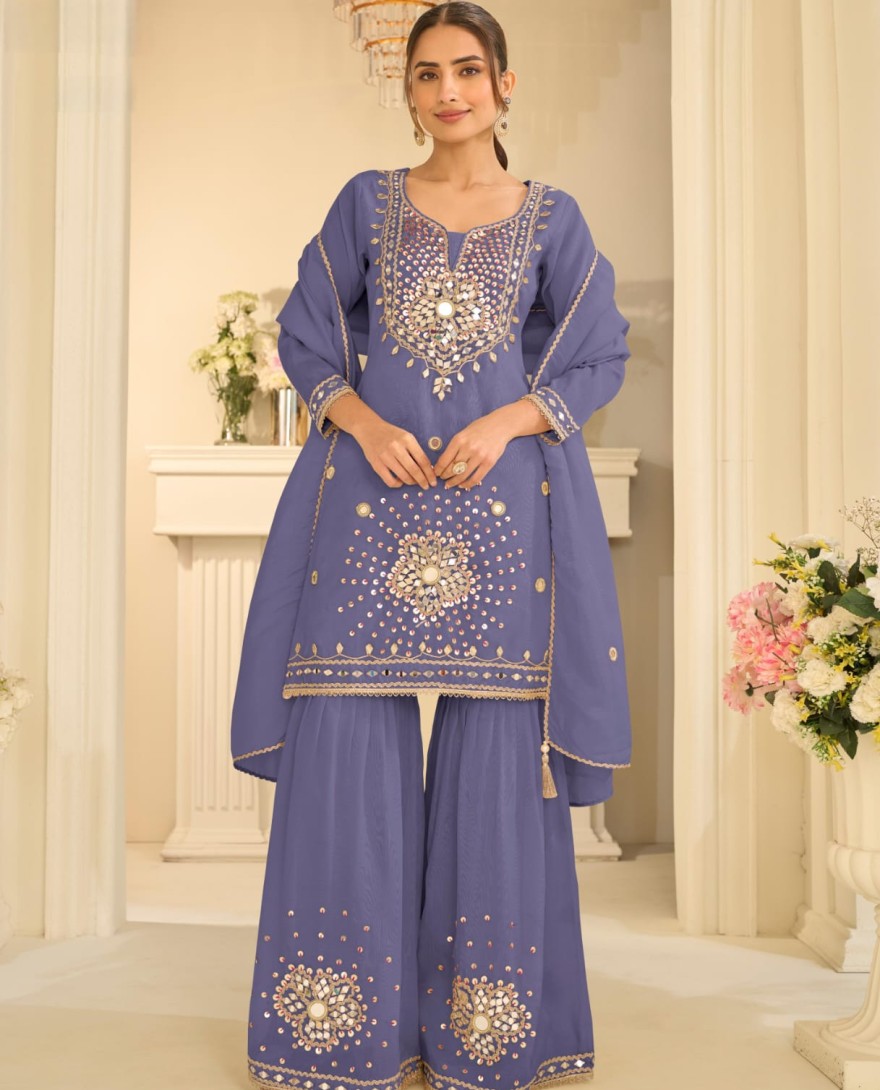 BLUE - Blue Mirror Embroidered Gharara Style Suit