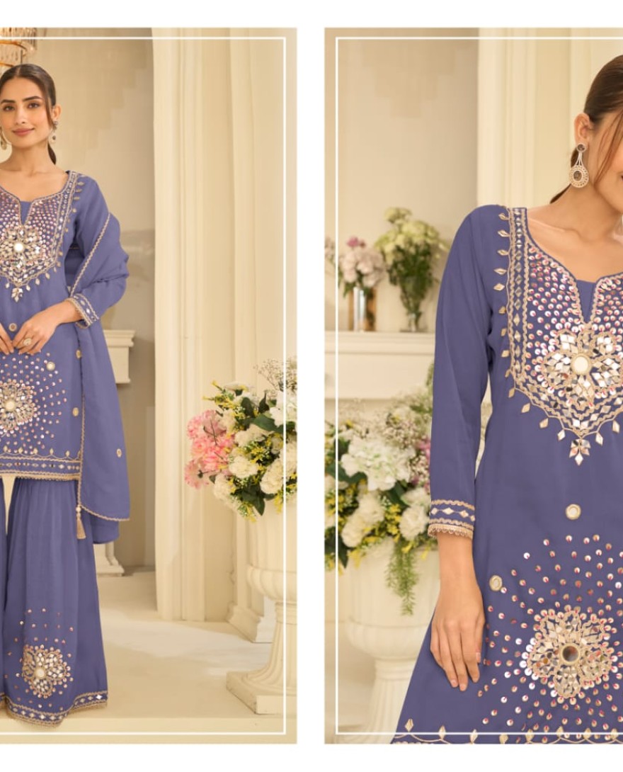 BLUE - Blue Mirror Embroidered Gharara Style Suit