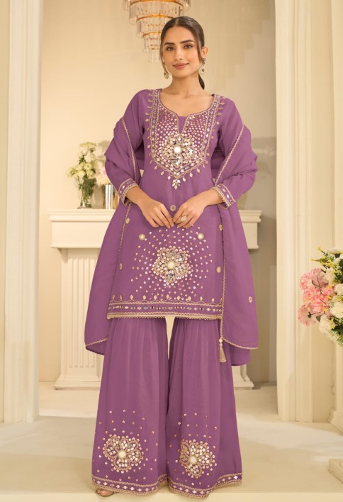 Light Purple Mirror Embroidered Gharara Style Suit
