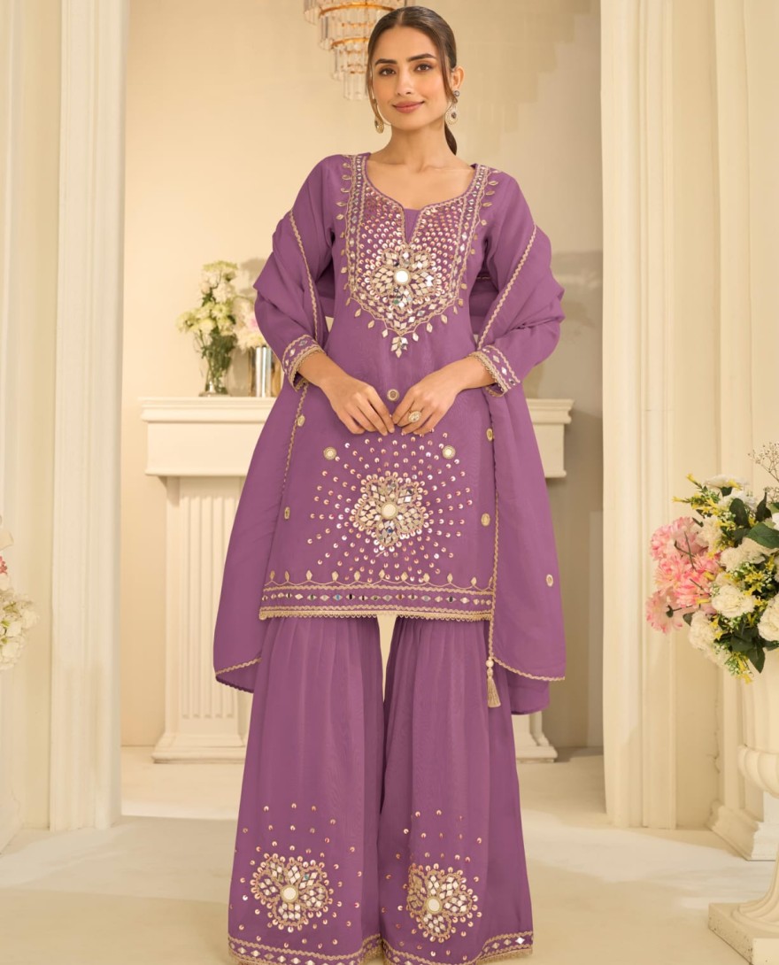 PURPLE - Light Purple Mirror Embroidered Gharara Style Suit