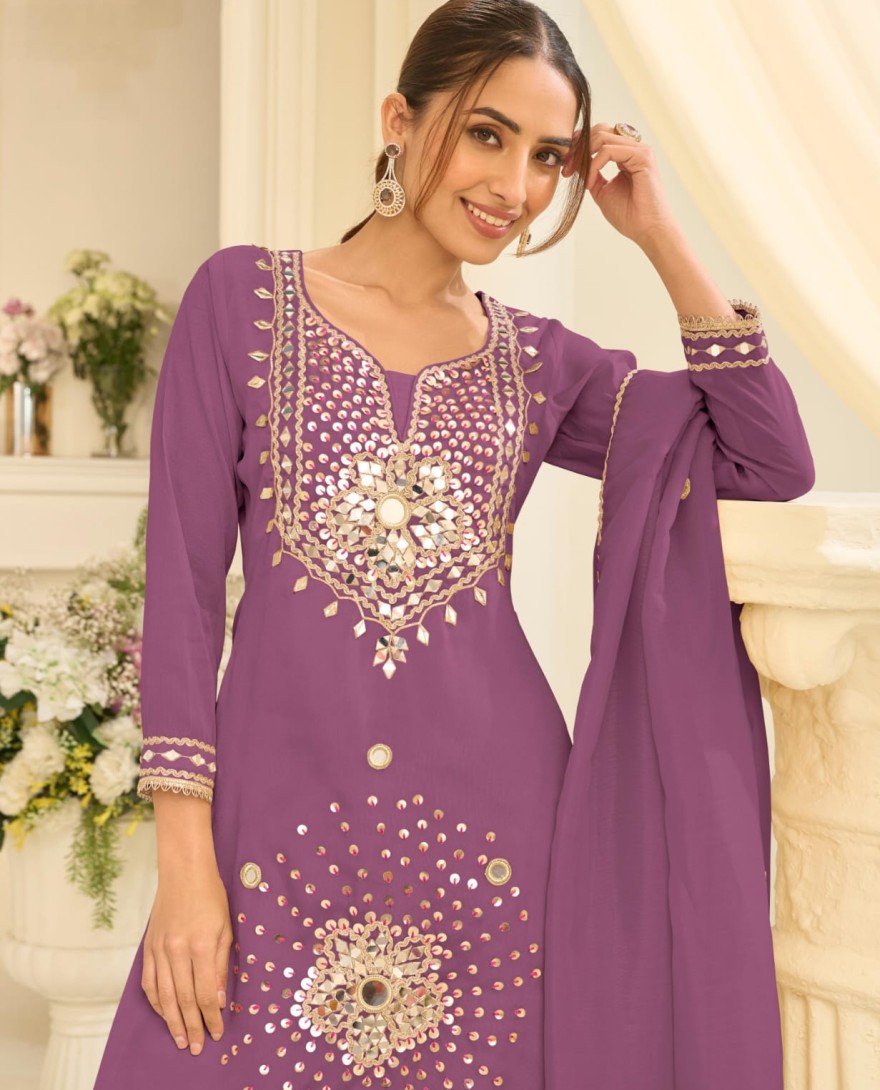 PURPLE - Light Purple Mirror Embroidered Gharara Style Suit