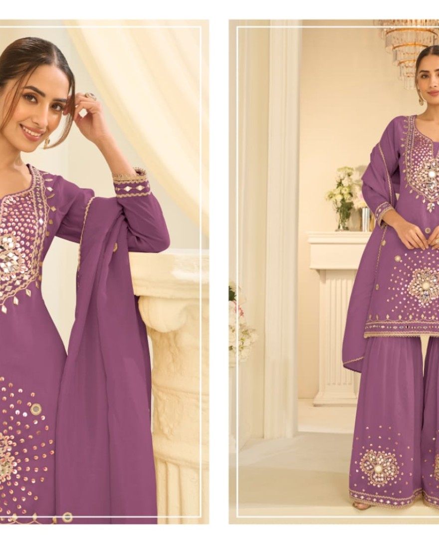 PURPLE - Light Purple Mirror Embroidered Gharara Style Suit