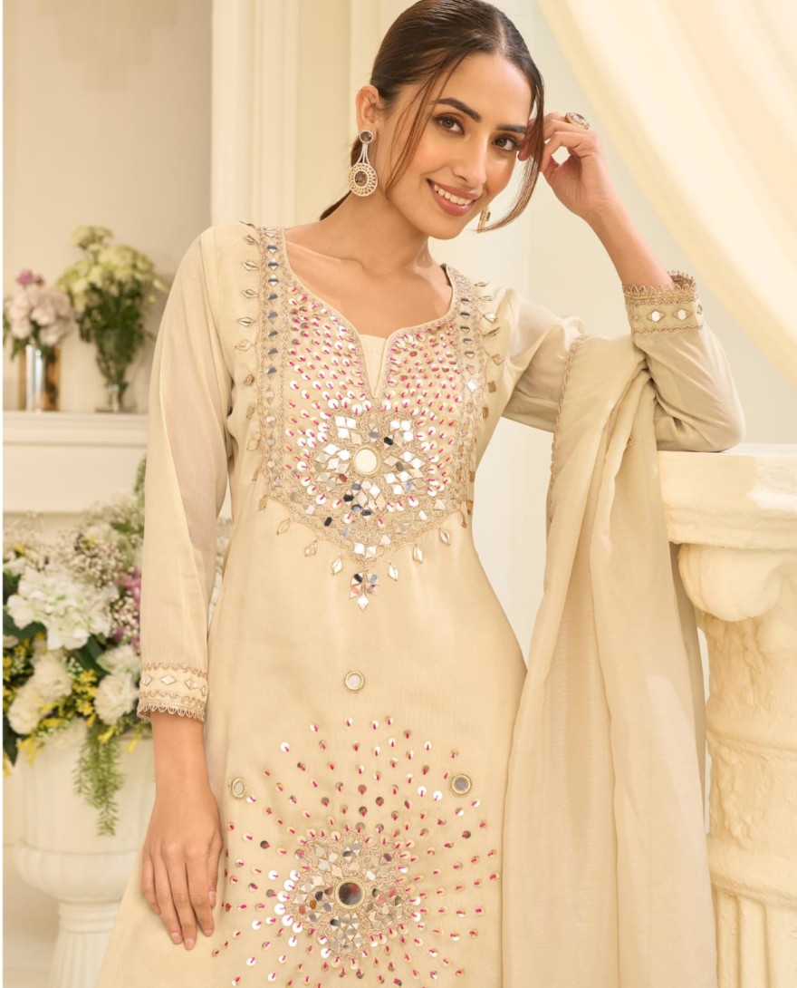 WHITE - Cream White Mirror Embroidered Gharara Style Suit