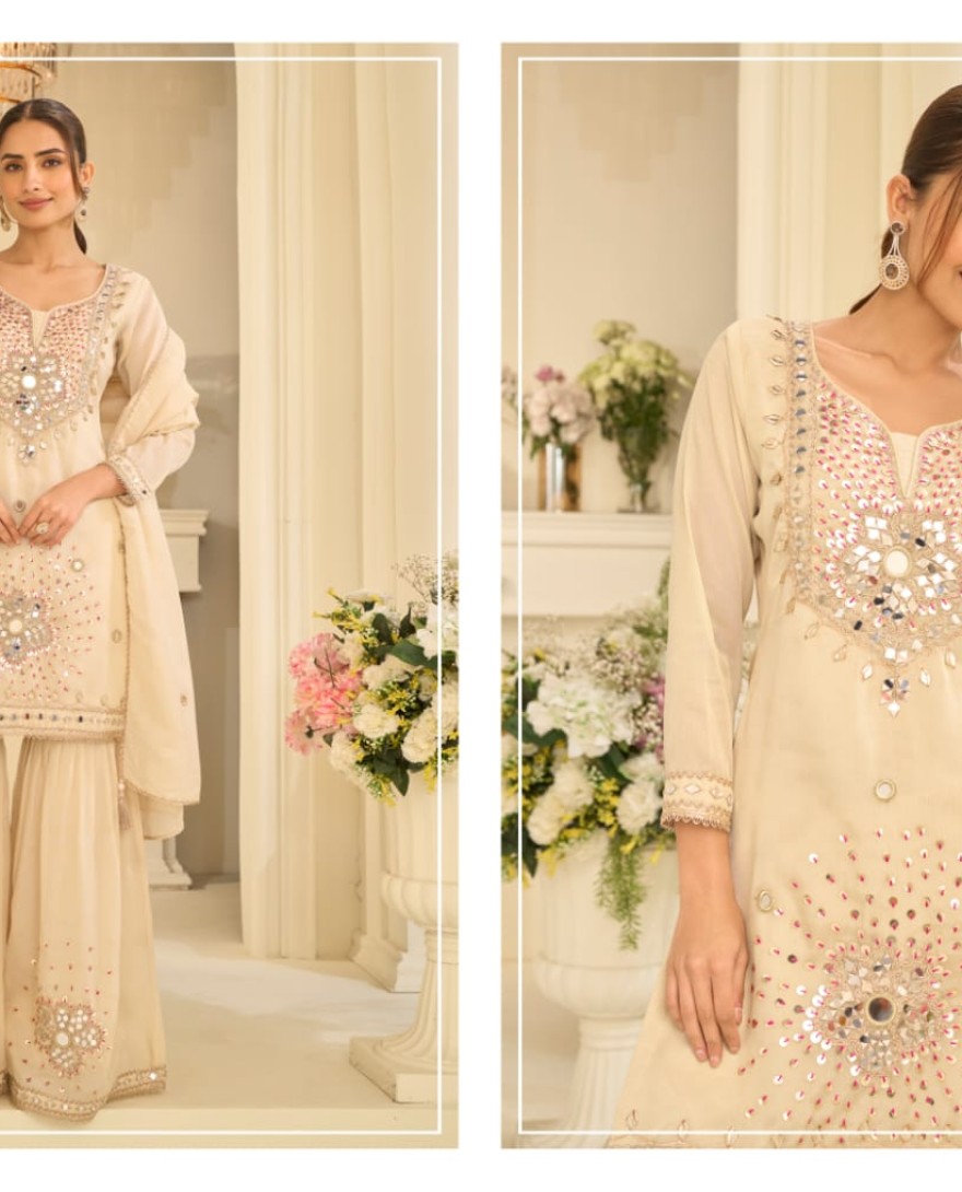 WHITE - Cream White Mirror Embroidered Gharara Style Suit