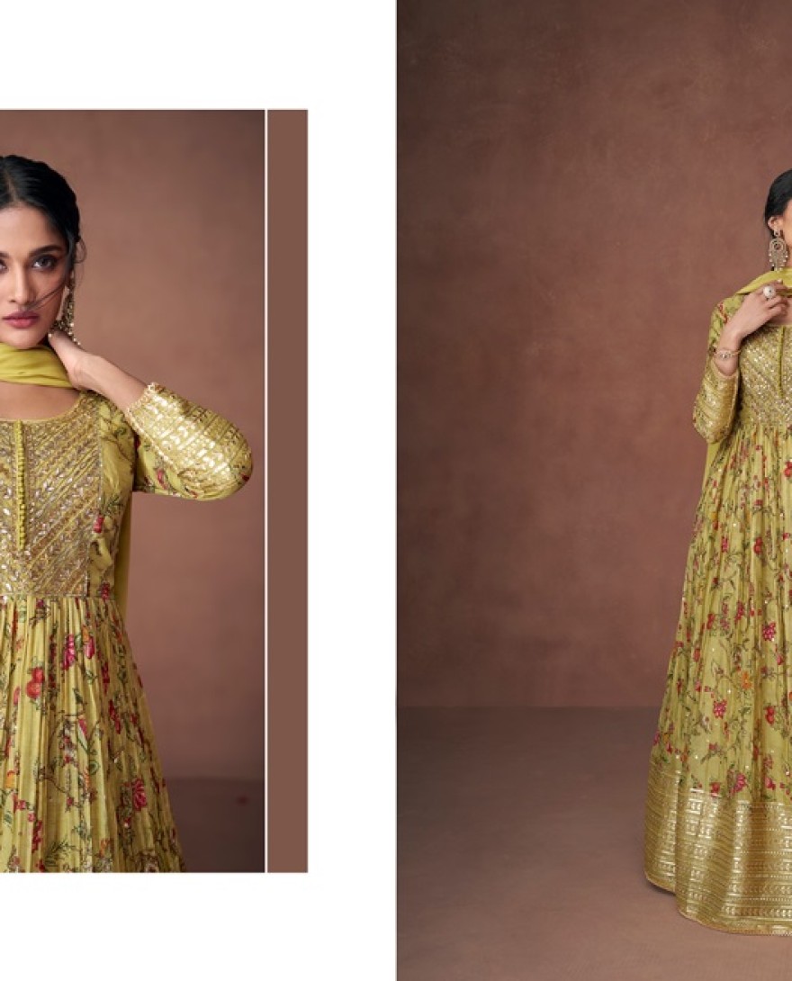 5303 - Mehendi Green Floral Printed Organza Silk Anarkali Suit with Embroidery work