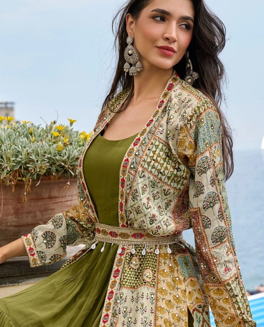 GREEN - Multi Colour Crepe Silk Digital Print and Embroidered Work Designer Gown