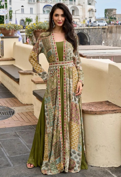 Multi Colour Crepe Silk Digital Print and Embroidered Work Designer Gown