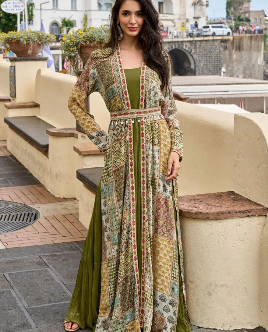 GREEN - Multi Colour Crepe Silk Digital Print and Embroidered Work Designer Gown