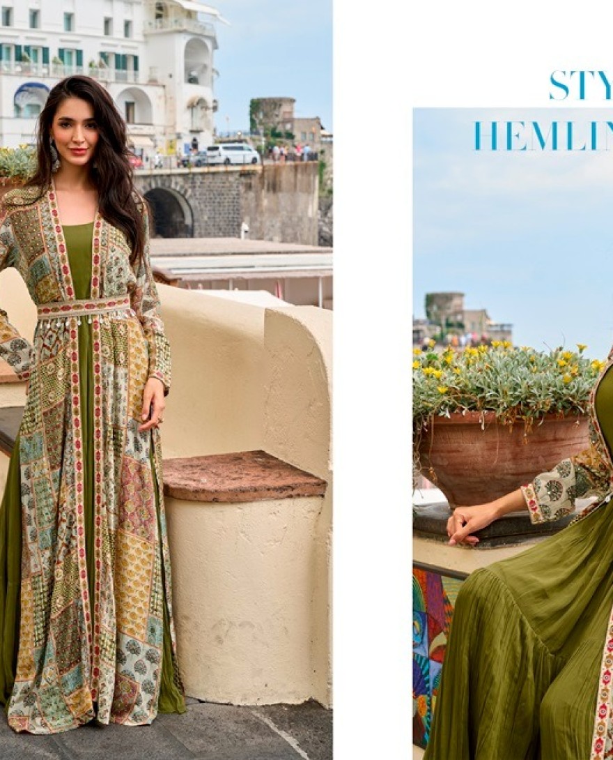 GREEN - Multi Colour Crepe Silk Digital Print and Embroidered Work Designer Gown