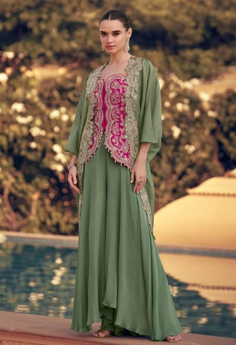 Designer Olive Green and Pink Chinon Cape Style Palazzo Suit with Embroidery
