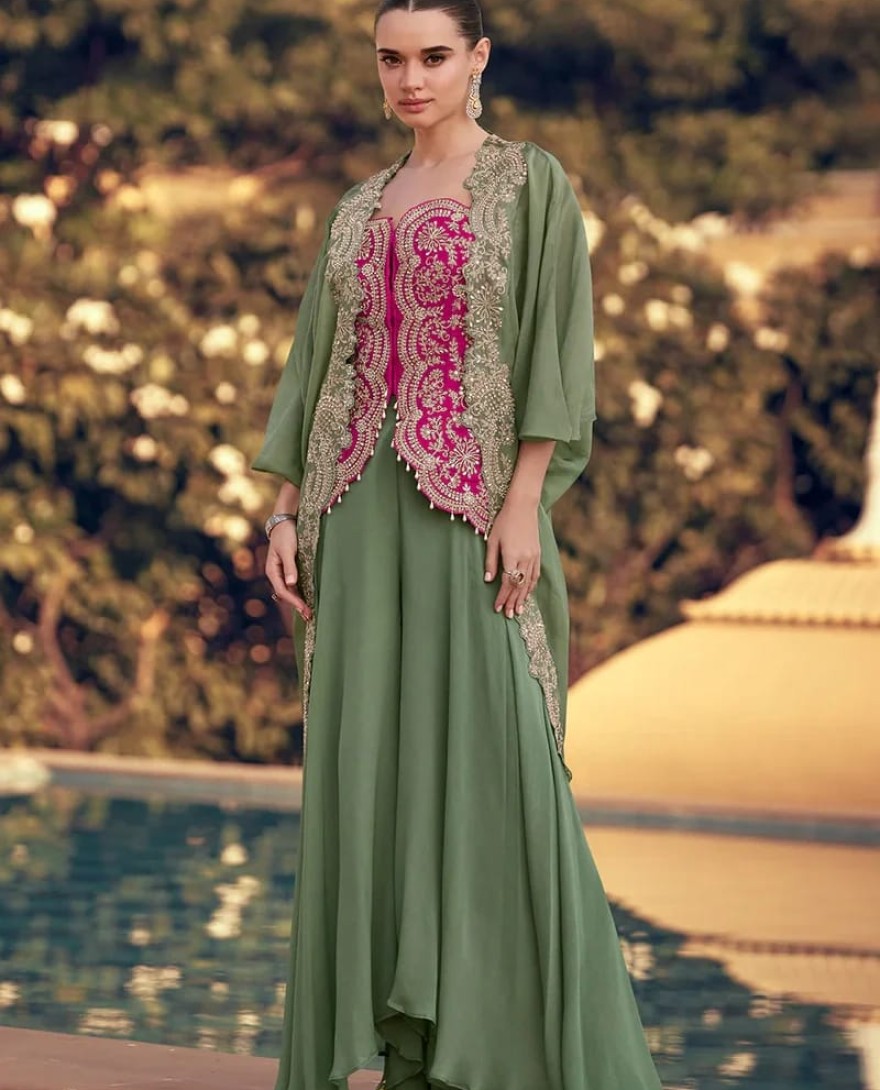 5765 - Designer Olive Green and Pink Chinon Cape Style Palazzo Suit with Embroidery