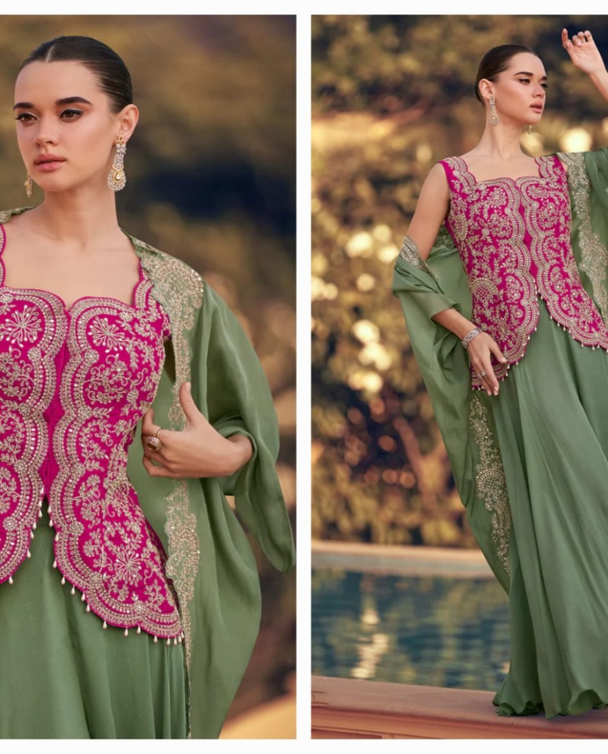 5765 - Designer Olive Green and Pink Chinon Cape Style Palazzo Suit with Embroidery