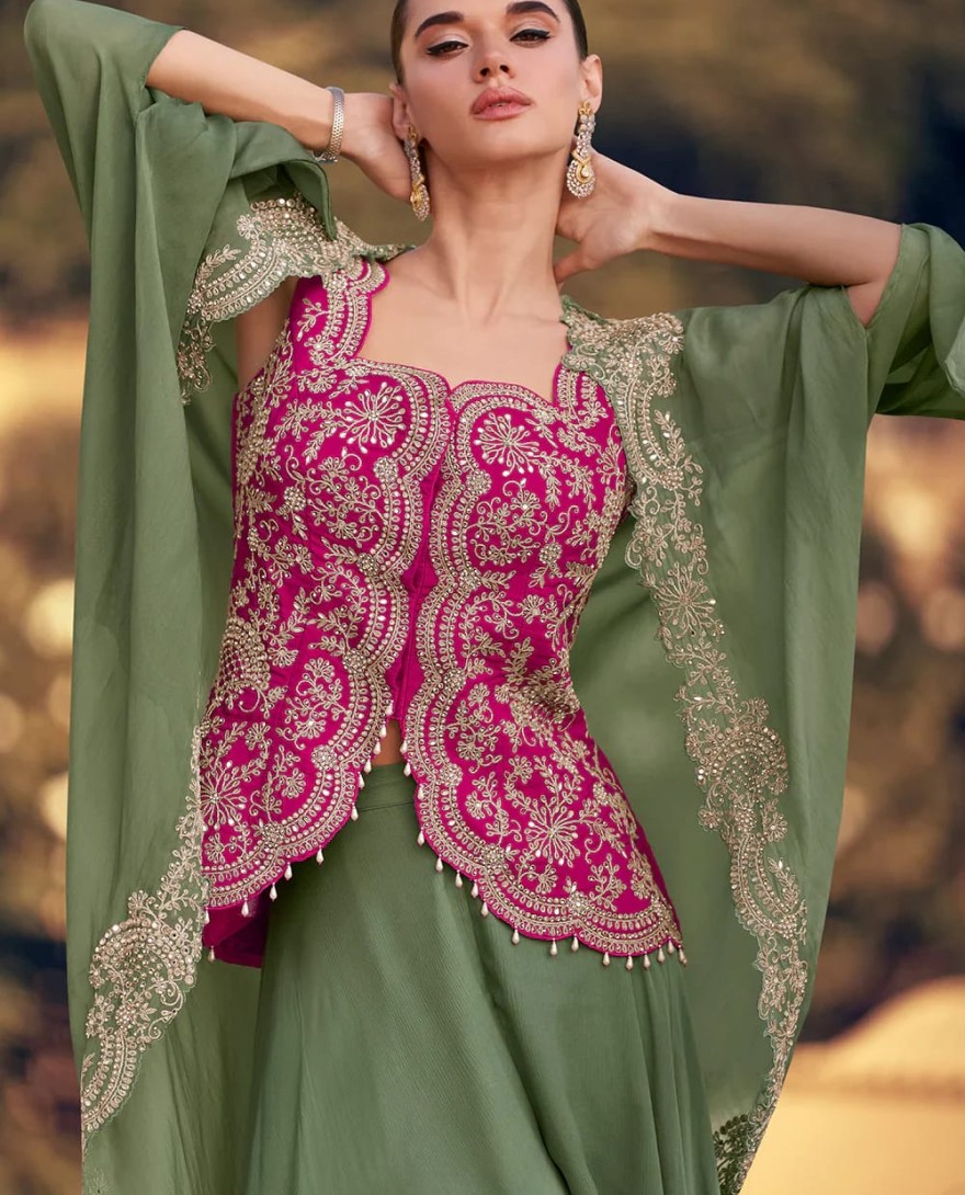 5765 - Designer Olive Green and Pink Chinon Cape Style Palazzo Suit with Embroidery
