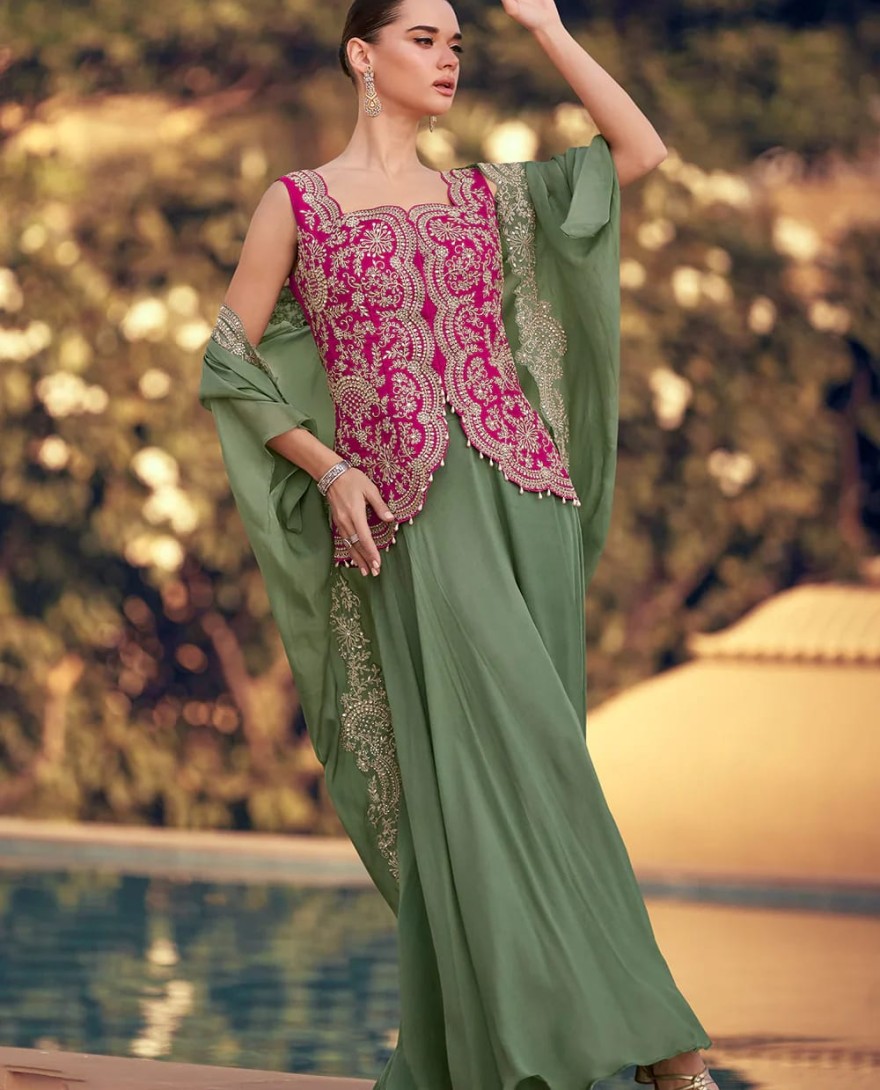 5765 - Designer Olive Green and Pink Chinon Cape Style Palazzo Suit with Embroidery