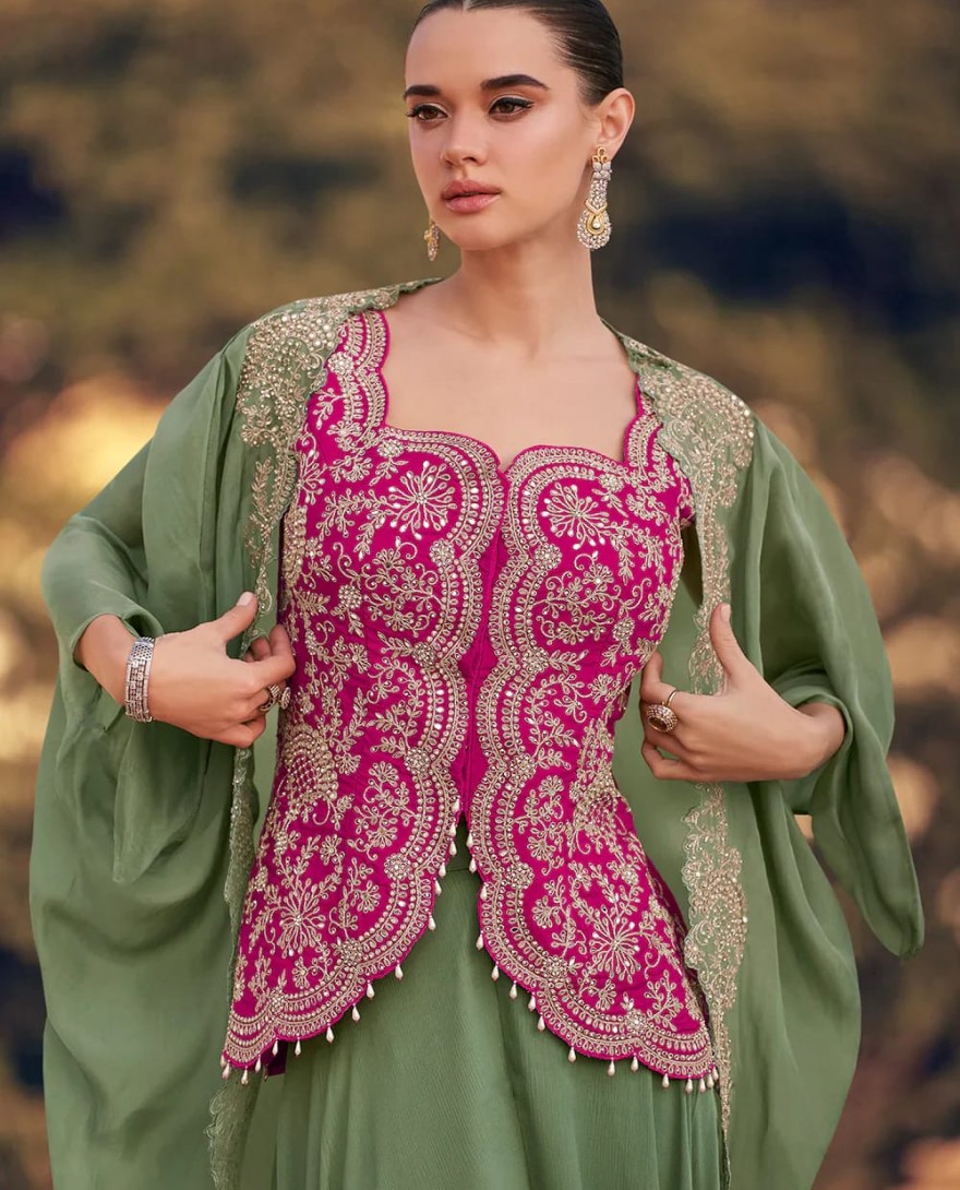 5765 - Designer Olive Green and Pink Chinon Cape Style Palazzo Suit with Embroidery