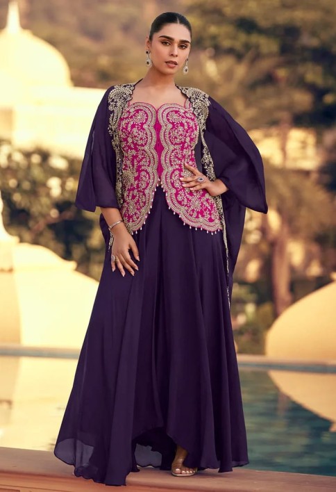 Elegant Pink and Purple Chinon Cape Style Palazzo Suit with Embroidery