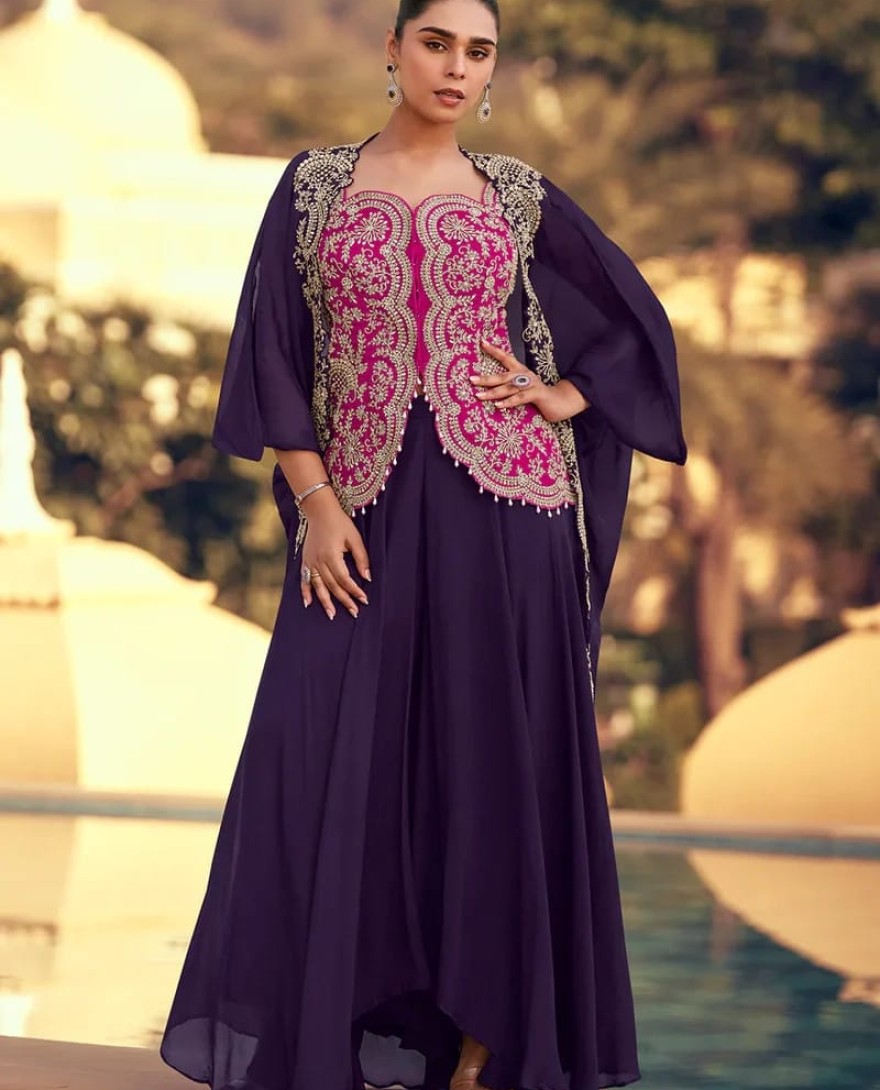 5766 - Elegant Pink and Purple Chinon Cape Style Palazzo Suit with Embroidery