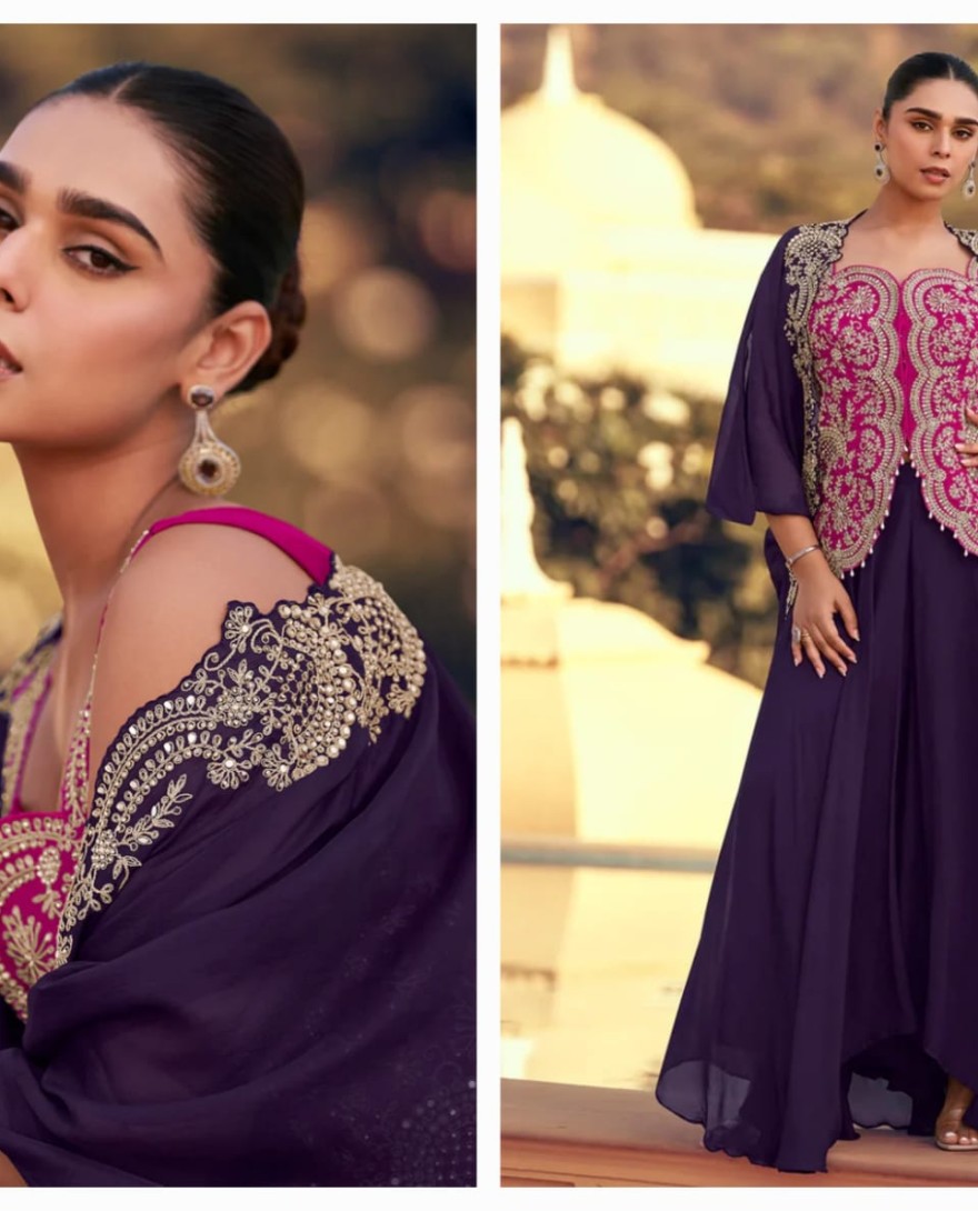 5766 - Elegant Pink and Purple Chinon Cape Style Palazzo Suit with Embroidery