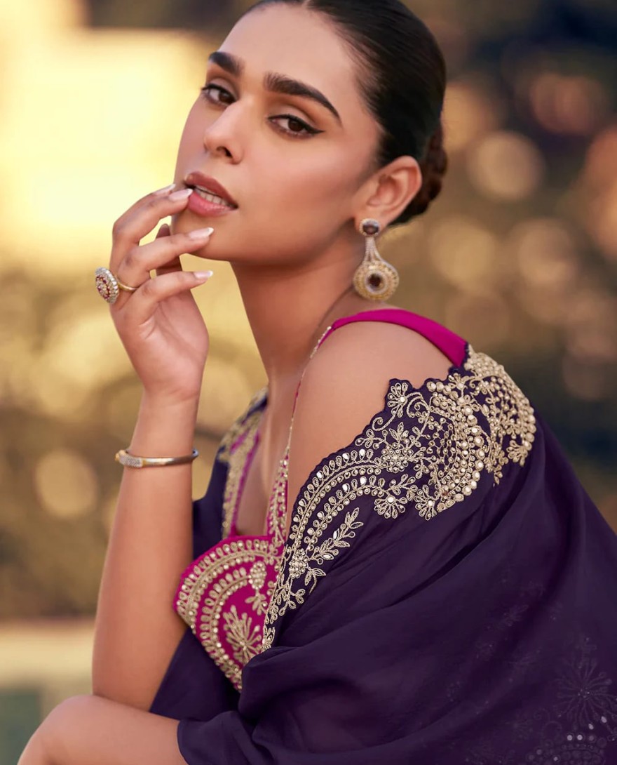 5766 - Elegant Pink and Purple Chinon Cape Style Palazzo Suit with Embroidery