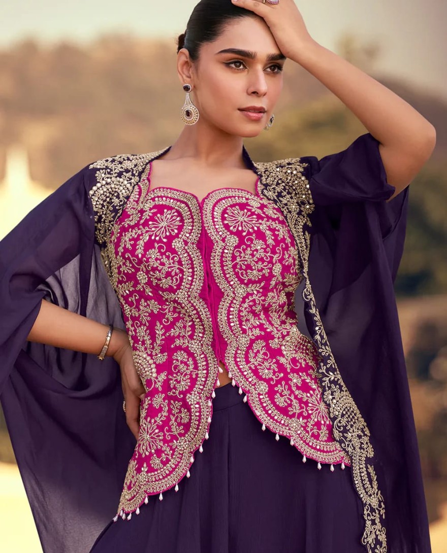 5766 - Elegant Pink and Purple Chinon Cape Style Palazzo Suit with Embroidery