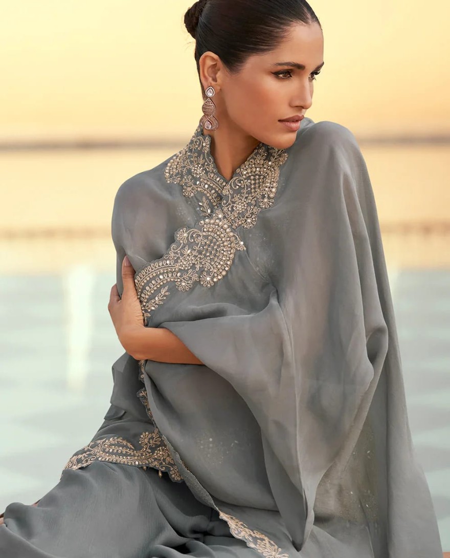 5767 - Dusty Grey and Yellow Chinon Cape Style Palazzo Suit with Embroidery