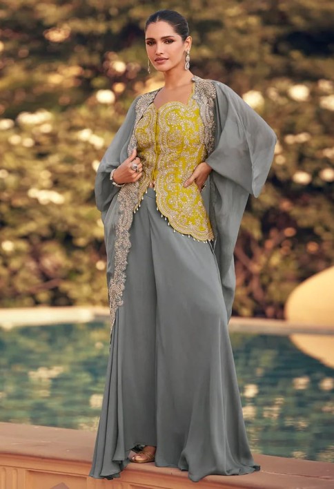 Dusty Grey and Yellow Chinon Cape Style Palazzo Suit with Embroidery