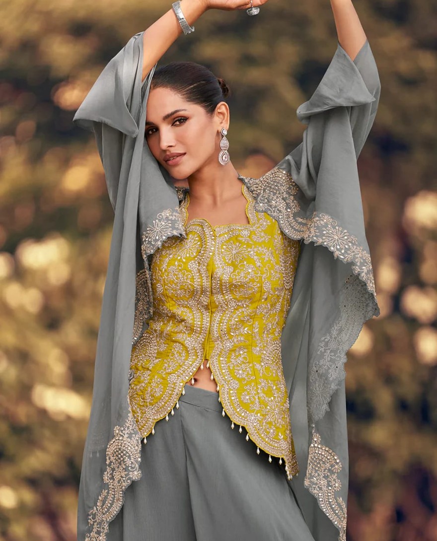 5767 - Dusty Grey and Yellow Chinon Cape Style Palazzo Suit with Embroidery