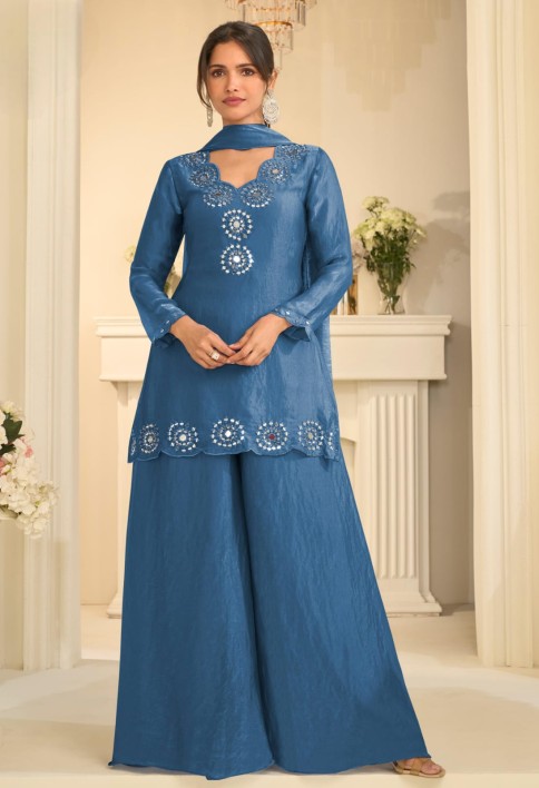 Light Blue Mirror Embroidered Silk Palazzo Suit