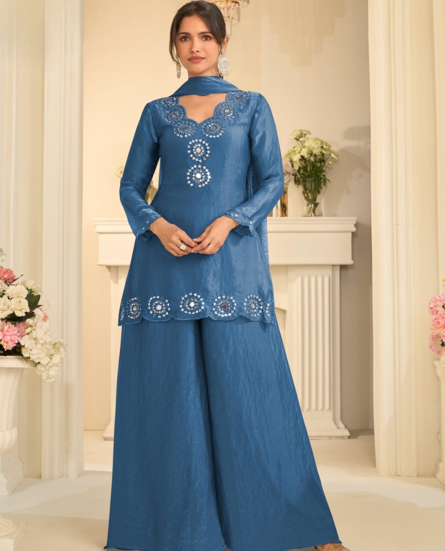 BLUE - Light Blue Mirror Embroidered Silk Palazzo Suit