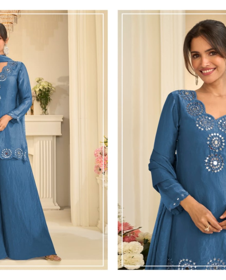 BLUE - Light Blue Mirror Embroidered Silk Palazzo Suit