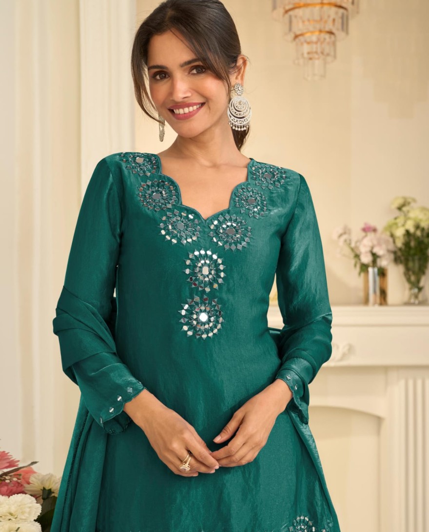 GREEN - Dark Green Mirror Embroidered Silk Palazzo Suit