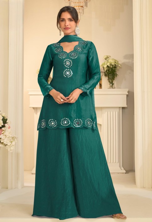 Dark Green Mirror Embroidered Silk Palazzo Suit