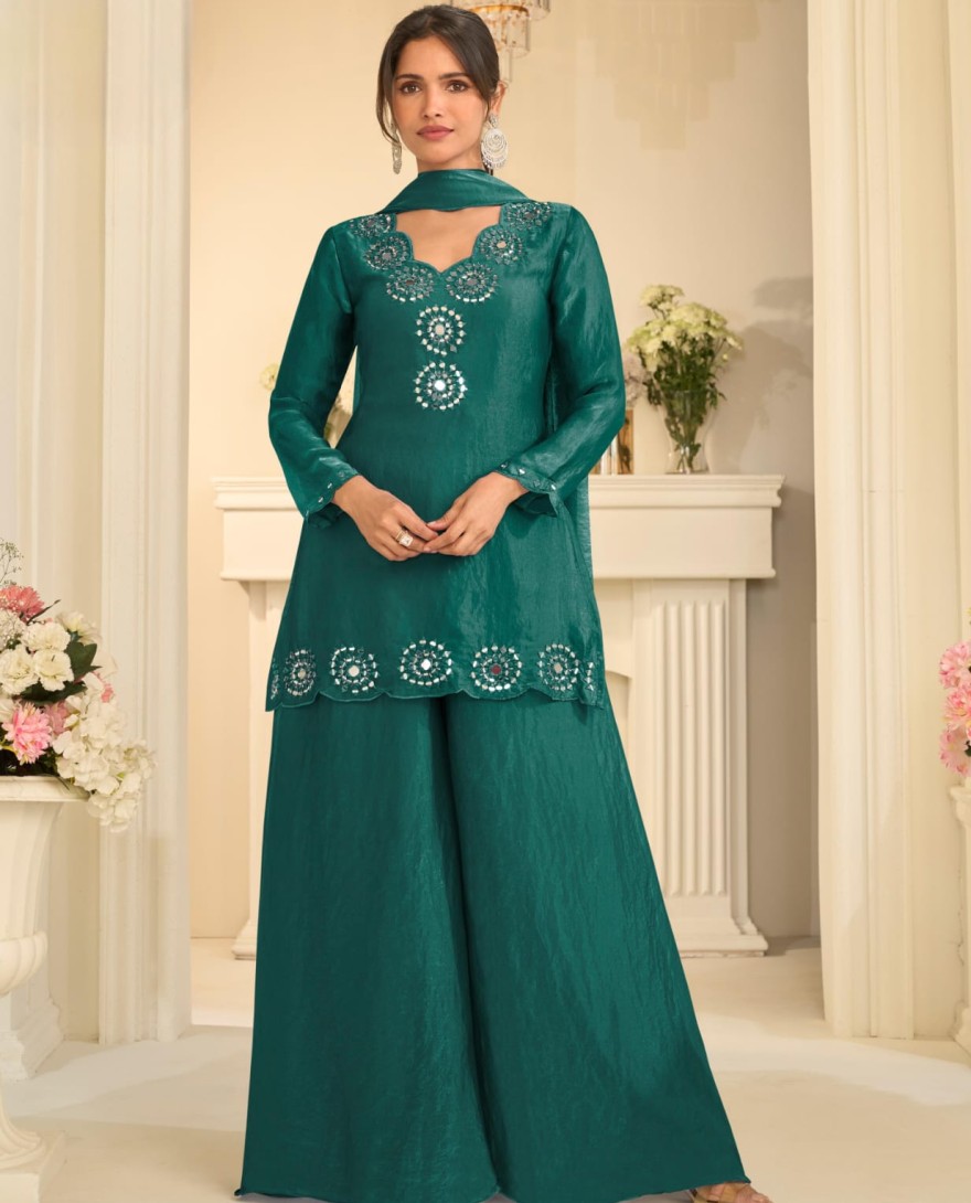 GREEN - Dark Green Mirror Embroidered Silk Palazzo Suit