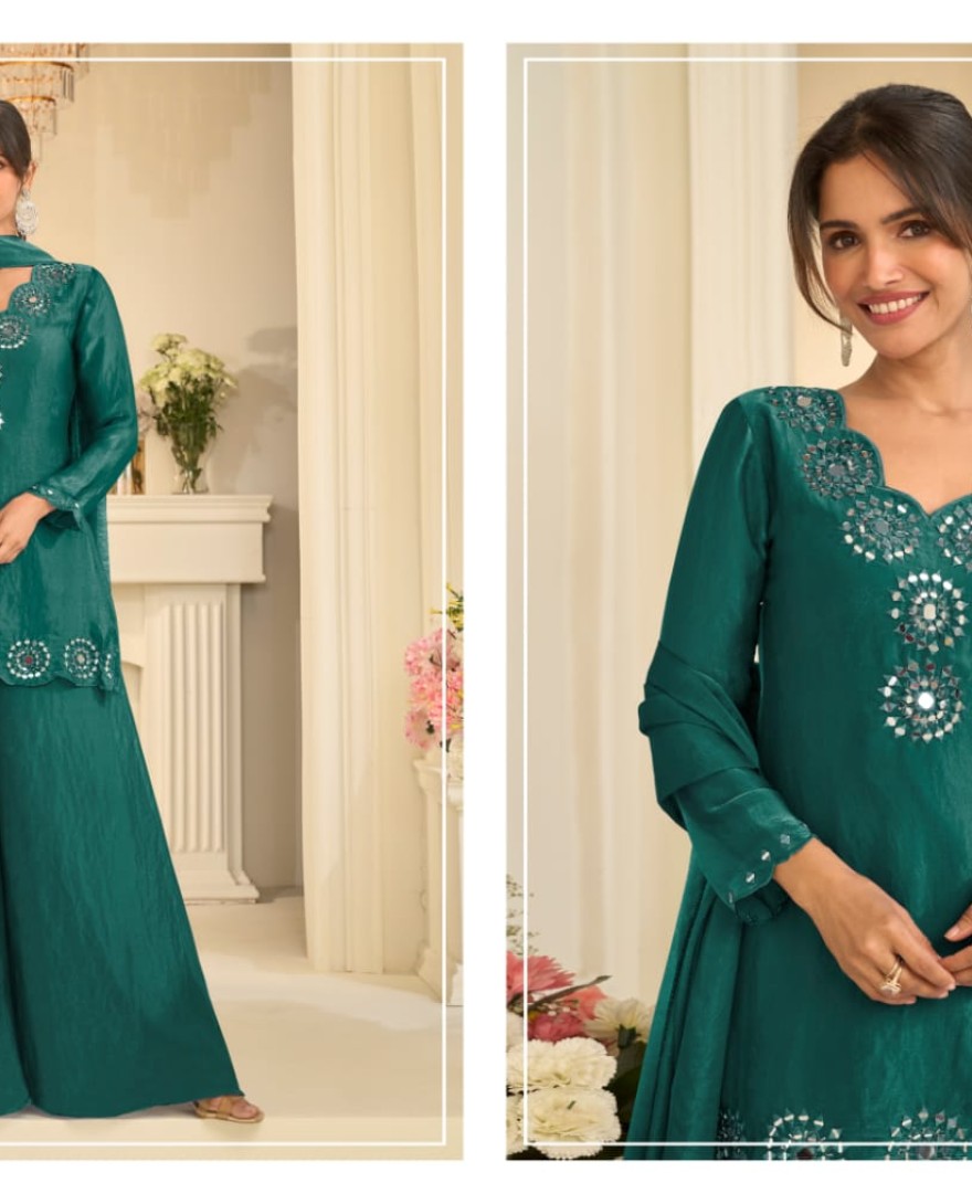 GREEN - Dark Green Mirror Embroidered Silk Palazzo Suit
