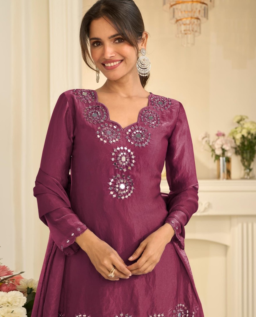 WINE - Deep Wine Mirror Embroidered Silk Palazzo Suit