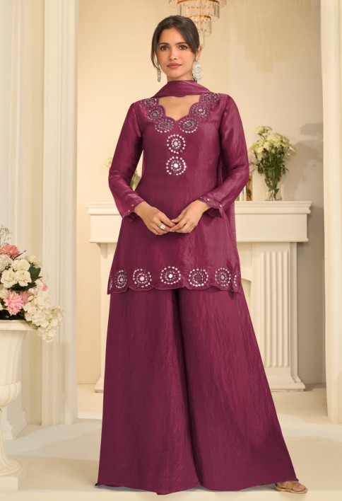 Deep Wine Mirror Embroidered Silk Palazzo Suit