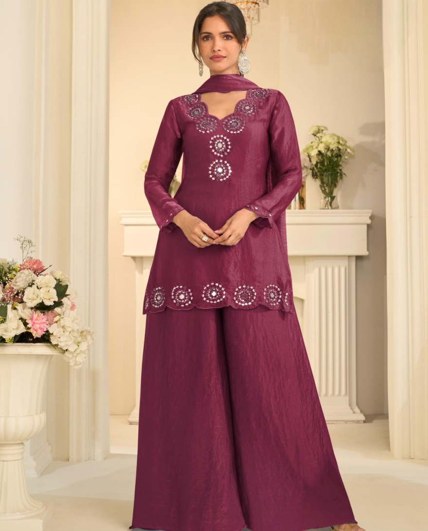 WINE - Deep Wine Mirror Embroidered Silk Palazzo Suit