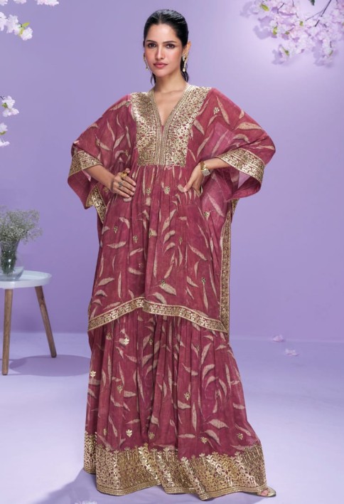 Designer Deep Maroon Georgette Kaftan Sharara Suit For Indian Wedding and Pakistani Festival