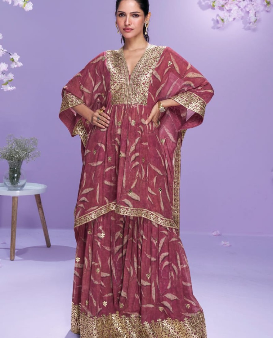 10059 - Designer Deep Maroon Georgette Kaftan Sharara Suit For Indian Wedding and Pakistani Festival