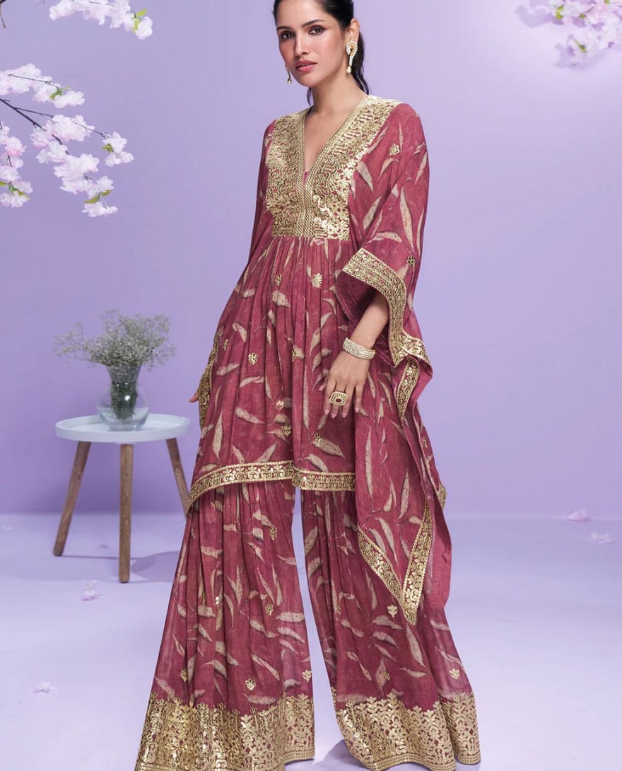 10059 - Designer Deep Maroon Georgette Kaftan Sharara Suit For Indian Wedding and Pakistani Festival